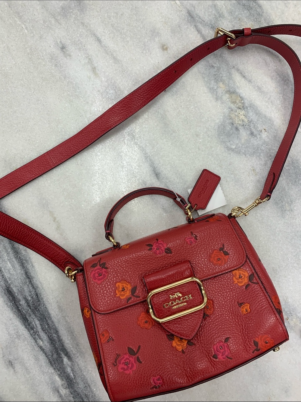 Coach Red Floral Pebbled Leather Crossbody with Gold Hardware - Picture 6 of 9